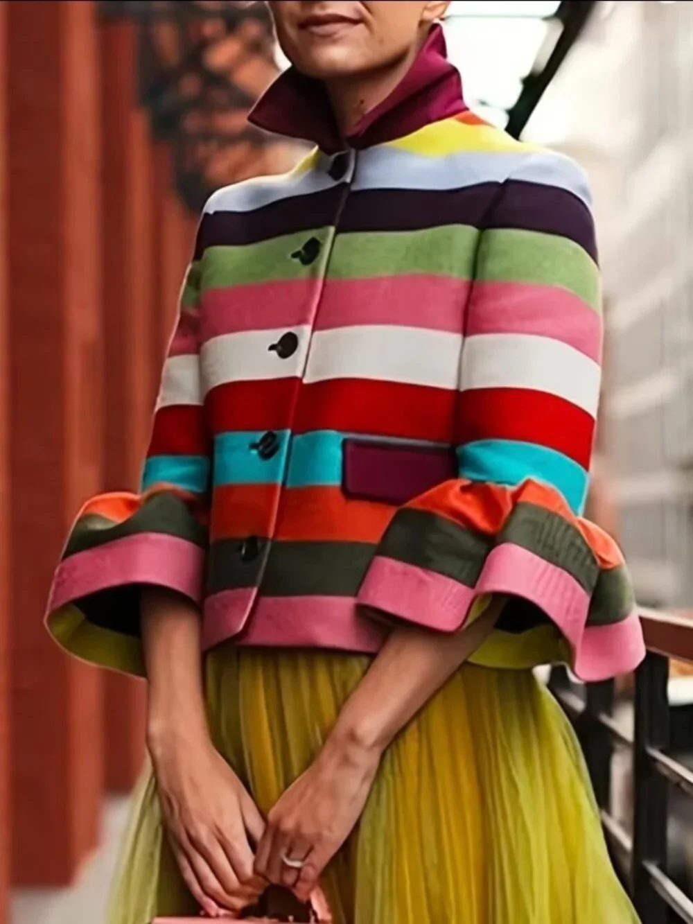 Female Vintage Multi-Colored Striped Lapel Elegant Jackets New Flared Sleeves